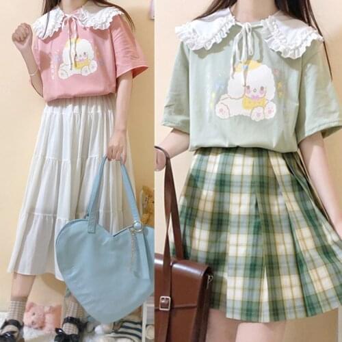 Lolita Kawaii Women T-shirts Summer Sailor Collar JK Female Tee Bunny Graphic Tops Soft Girl Cute Anime Short Sleeve T shirt New