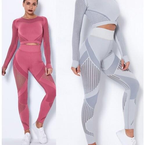 Women Gym Sets 2 Pcs Female Long-sleeved Seamless Hollow Yoga Suit Yoga Pants High Waist Tight Sports Fitness Suit Sport Outfit