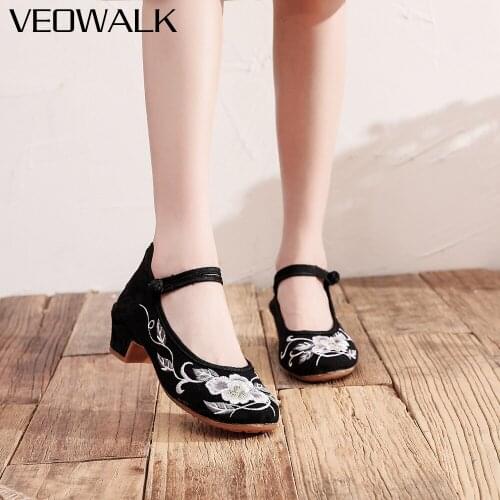 Veowalk Chinese Embroidery Women Ankle Strap 4cm Block Heel Pumps Elegant Ladies Comfortable Mary Jane Shoes Black Pink Red