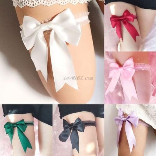 1Pc Women Bridal Solid Color Lace Elastic Thigh Rings Big Ribbon Bowknot Wedding Dress Leg Garter Cosplay Underwear Arm Bracelet