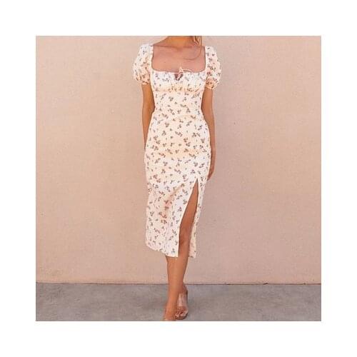 Women Close-fitting Slit Xianqi Fresh Dress Beige Floral Printed Pattern Short Sleeve Square Collar