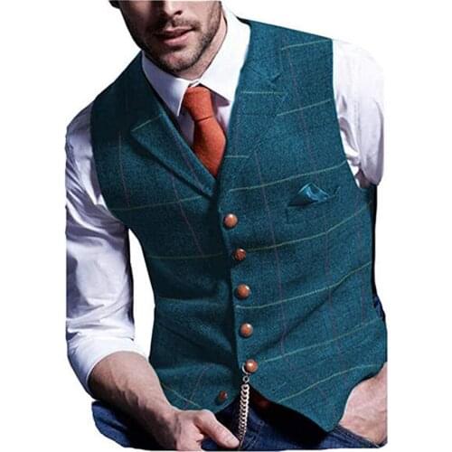 Classic Blue Mens Vest Tweed Waistcoat Notch Lapel Wool Herringbone Vintage Suit Waicoat Single breasted Man Top