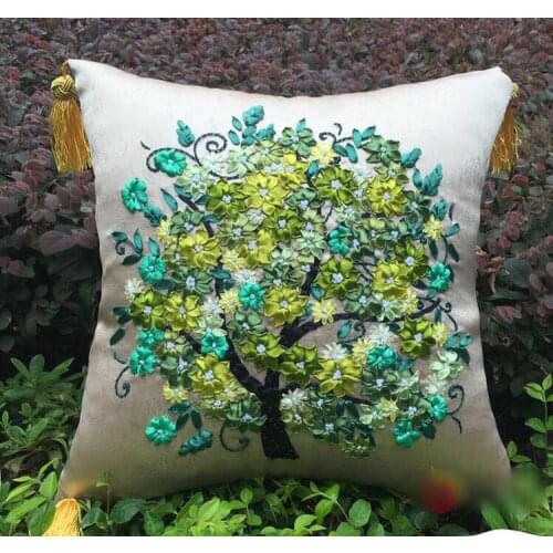 1pcs 40x40cm green red flower happy tree Ribbon embroidery kit pillow cover set handcraft DIY handmade needlework art home decor