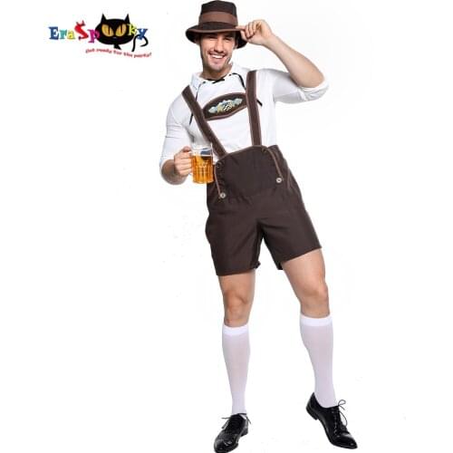 2019 Mens Oktoberfest Cosplay Lederhosen Bavarian German Beer Waiter Uniform Festival Overall Halloween Costume Outfit Hat