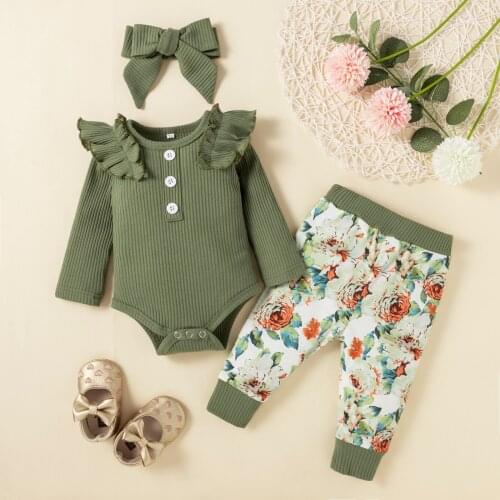 Toddler Baby Girls Clothes Set Fall Ruffle Long Sleeve Ribbed Romper Floral Pants Headband Outfit 3Pcs Sets
