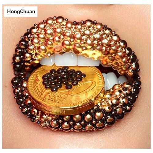 Diamond Embroidery Gold Coin Lip 5D DIY Diamond Painting Square/Round Diamond Inlaid Rhinestone Picture Mosaic Cross Stitch