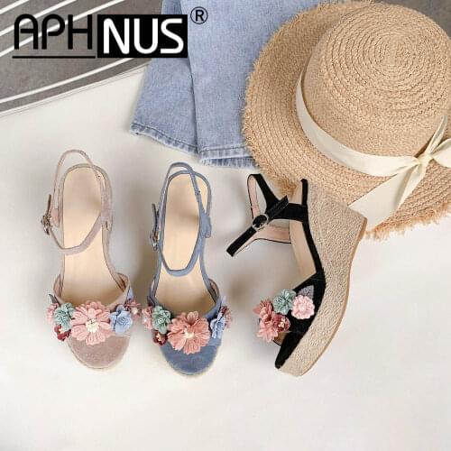 APHNUS Womens Sandals Flowers Rhinestone Beading Trifle Wedges Mid High Heels Pumps Woman 2020 Shoes For Women New