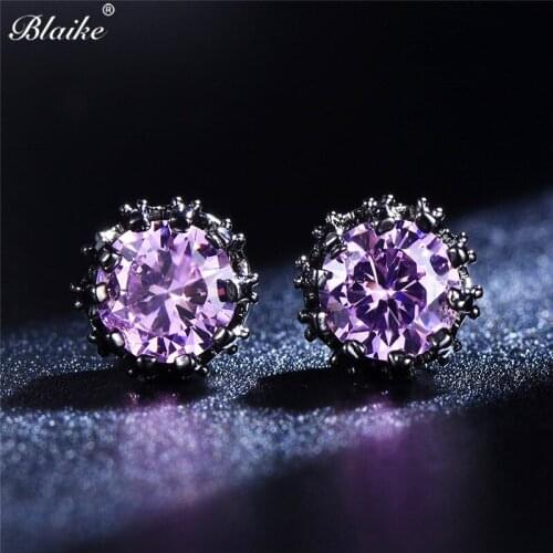 Blaike Boutique Small Pink/Purple Zircon Stud Earrings For Women Retro Black Gold Filled Birthstone Female Jewelry Gifts