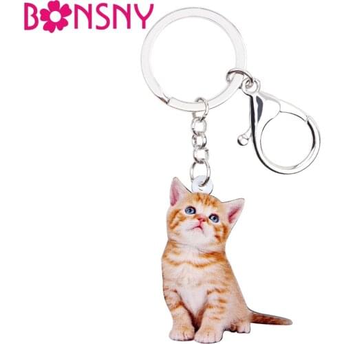 Bonsny Acrylic Anime Lovely Kitten Cat Key Chains Keychain Rings Fashion Jewelry For Women Girl Teens Ladies Handbag Car Charms