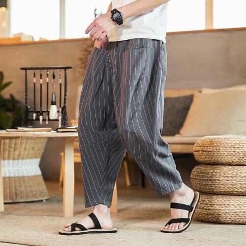 Streetwear Striped Men Summer Wide Leg Pants Man Casual Calf-length Bloomers Pants 2020 Male Baggy Harem Pants 5XL Dropshipping