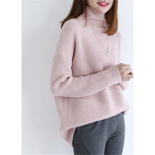 Pure goat wool cashmere knit women fashion thick solid turtleneck pullover sweater H-straight wide loose white 4color S-L