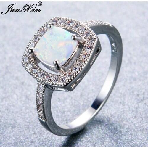 JUNXIN Male Female White Opal Stone Ring Fashion Big Geometric Finger Ring Promise Wedding Engagement Rings For Women