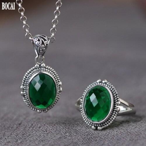 BOCAI S925 pure silver jewelry fashionable literary fashion zircon open woman ring necklace pendant set