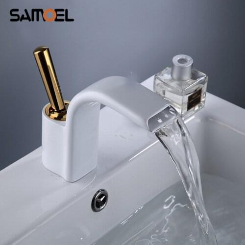 Creative Deck Mount Brass White Waterfall Bathroom Sink Mixer Tap Golden Single Handle Bathroom Water Faucet W3047