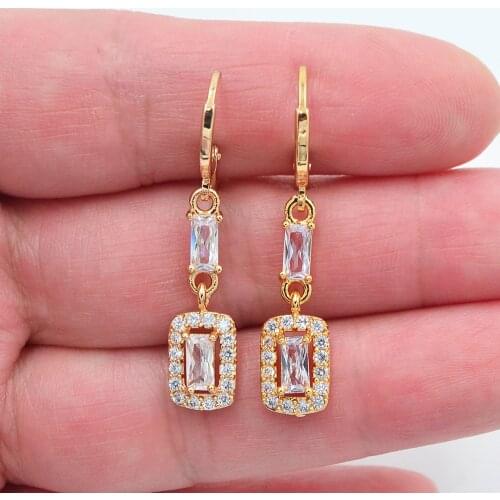 Gold Color Women Fashion Clear Zirconia CZ Geometric Rectangle Blocks Dangle Earrings Jewelry