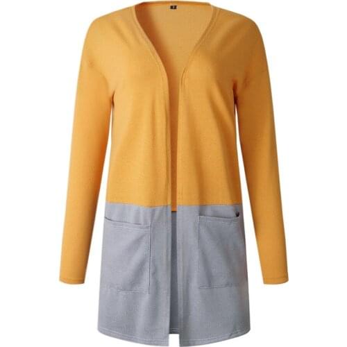 Tilapia new autumn women casual long coat knitted solid patchwork open stitch with pockets