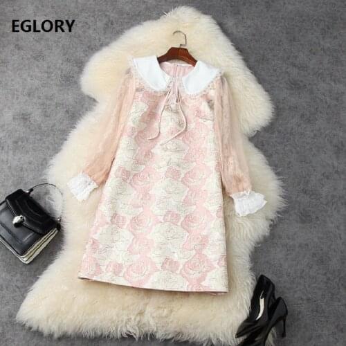 Princess Womens Dress 2021 Spring Ladies Peter Pan Collar Vintage Jacquard Rose Floral Print Sexy Tulle Mesh Long Sleeve Dress