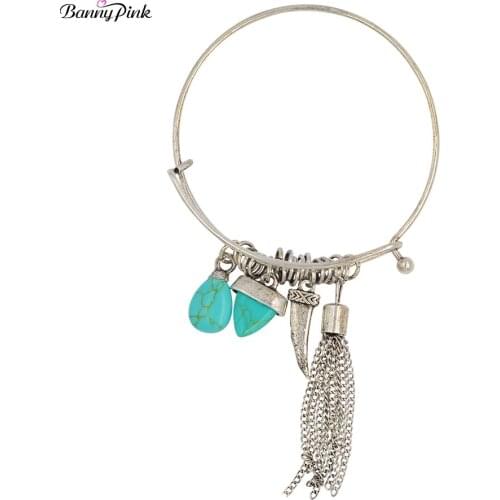 Banny Pink Vintage Synthetic Stone Charms Bangle Bracelet For Women Bohemia Geo Layer Pendant Metal Bracelet Bangle Pulseras