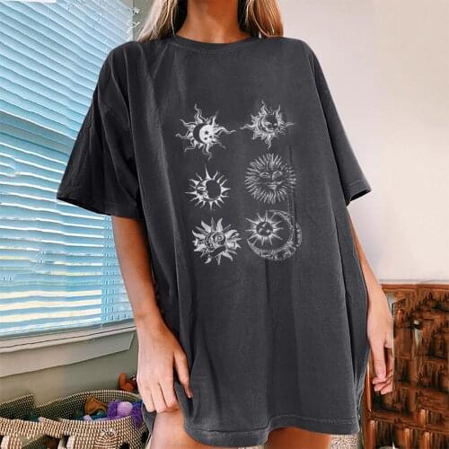 Oversized T-shirts Womens Vintage 90s Sun And Moon Printed Pattern Tshirt Casual Short Sleeve Tops Harajuku Graphic T-shirts