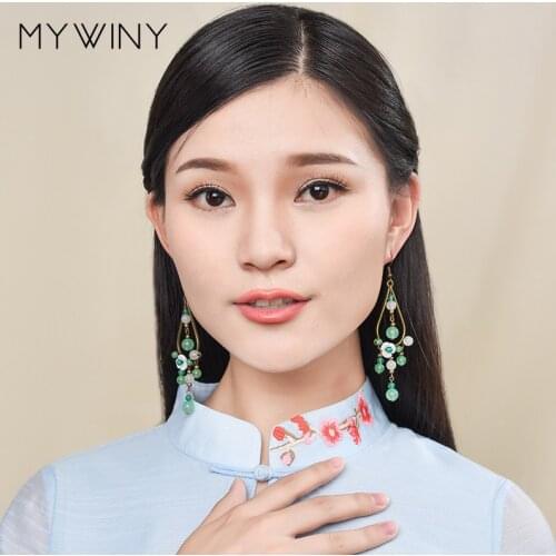 MYWINY Contracted aesthetic original design vintage ethnic green earrings,shell flowers bronze Aventurine beads earrings