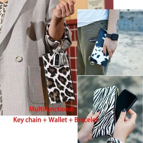 Ybollar Women PU Leather Key Chain Wristlet Tassel Key Ring O Circle Key Holder With Wallet Leopard Print