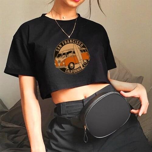 San Francisco California Print Vintage Buses Cropped Tops Women Round Neck Short Harajuku Shirt for Lady Y2k Graphic Tees Shirt