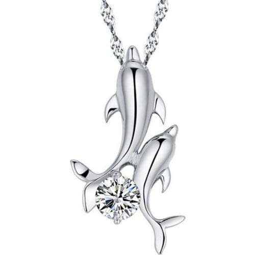 KOFSAC Charm Lady Purple Zircon Dolphin Pendant Necklaces Women Jewelry Silver Color Necklace Girl Valentines Day Gifts Joyas