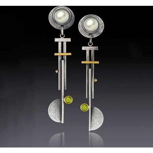 Newest Round White Pearl Earrings Two Tone Long Dangle Metal Rod Statement Pinwheel Blade Earrings For Women Jewelry
