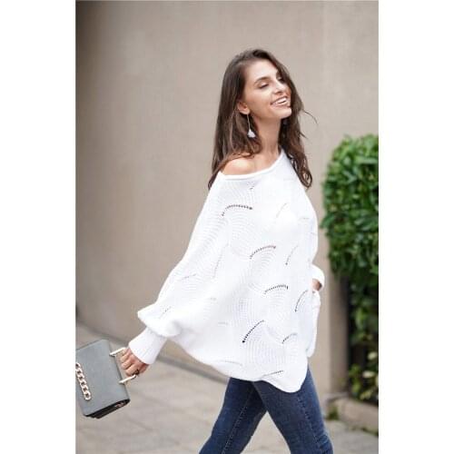 Women Sweaters Fashion Casual Hollow Out Knitwear Female Lantern Long Sleeve O Neck Loose Solid Color Ruffle Pullover