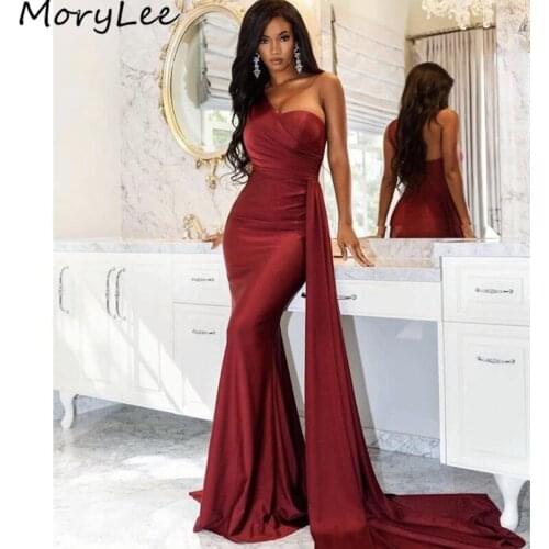 Prom Dresses Burgundy One Shoulder Sleeveless Spandex Satin Pleated Prom Dresses With Zipper Back vestidos de fiesta de noche