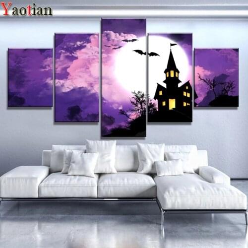 Full Square/Round Diamond Mosaic Halloween Castle Moon Bat landscape Rhinestone Embroidery Multi-Picture diamond painting 5 Pcs