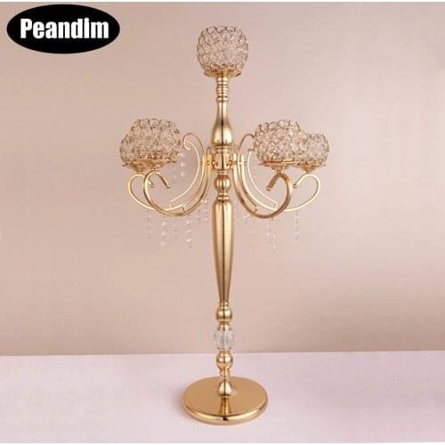 PEANDIM Wedding Table Centerpiece 84cm Tall 5-arms Candelabra With Crystal Beads Gold Candle Holders For Party Anniversary Decor