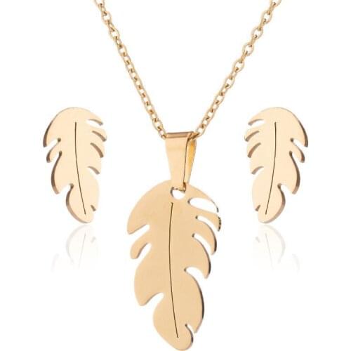 AsJerlya New Fashion Stainless Steel Leaves Pendant Necklace Stud Earrings Chain Collar For Women Girl Jewelry Accessories Gift