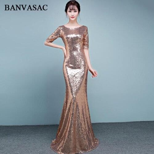 BANVASAC Elegant O Neck Gold Sequined Mermaid Long Evening Dresses 2018 Half Sleeve Backless Party Prom Gowns
