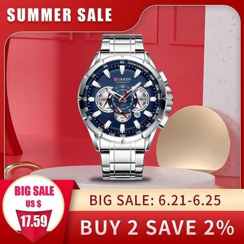 Curren New Leisure Sports Timing Gift For Men Stainless Steel Large Dial Quartz Watch With Luminous Pointer