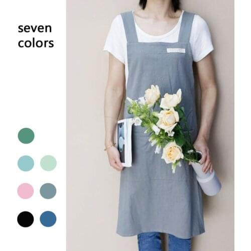 Apron Japanese and Korean simple apron denim apron cotton and linen solid color blouse kitchen Florist coffee shop apron