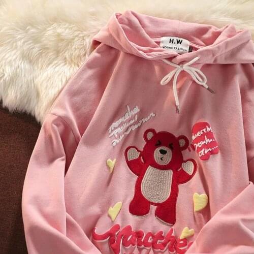 Punk Goth Streetwear Bear Embroidery Hoodie Sweatshirt 2021 Autumn New Harajuku Casual Pullovers Oversized Hip Hop Fashion Tops