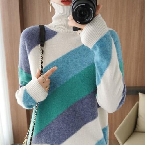 Cashmere sweater womens turtleneck sweater 100% wool knit pullover striped womens bottoming shirt loose plus size top