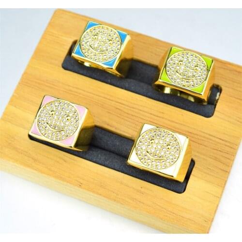 Micro-inlaid zircon smiley ring square enamel ring exquisite lucky jewelry ring cute smile
