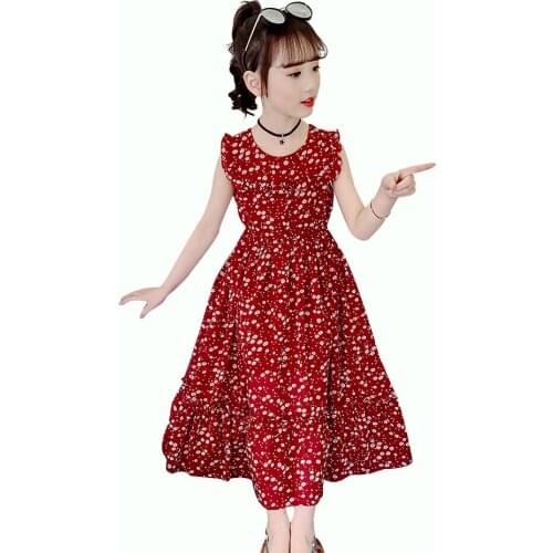 Girls Summer Dress Floral Pattern Girl Beach Dress Sleeveless Children Party Dresses Teenage Girls Clothing