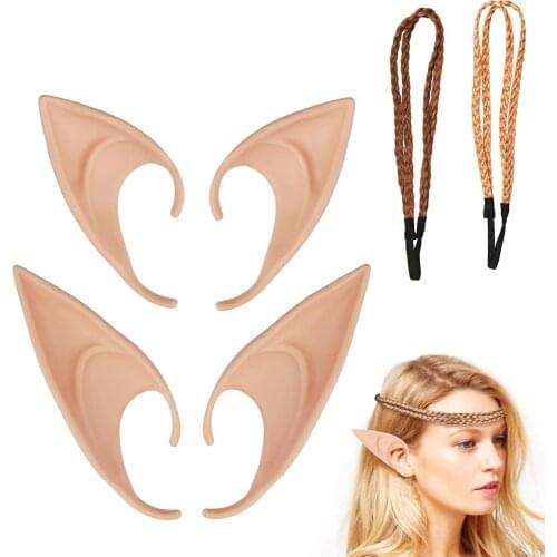 METABLE 2 Pairs Fantasy Latex Fairy Hobbit Ears With 2pcs Hair Braid For Anime Halloween Christmas Party Masquerade Decorations