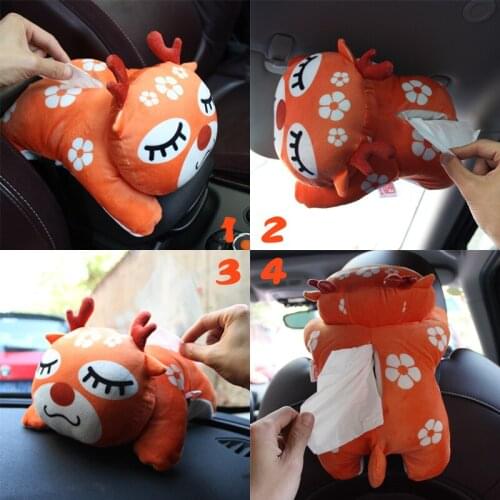 Cartoon Plush Car Tissue Bag Holder Cat Pig Dog Armrest Sunvisor Backseat Haging Paper Towel Storage Interior Accessories