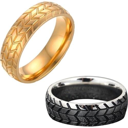 Gold Silver Color Stainless Steel Rin Cool Motorcycle Tire Ring For Men Hip Hop Punk Geometric Striped Ring Wedding Band