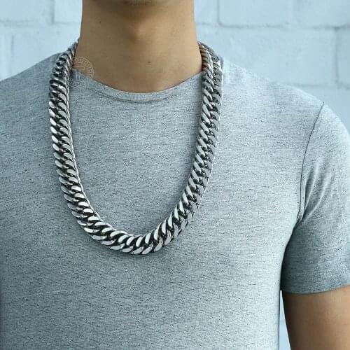 Mens 316L Stainless Steel Necklace 22mm Wide Heavy Silver Color Double Rombo Curb Cuban Link Chain Fashion Jewelry LHN55