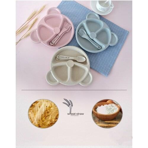 PUDCOCO Tableware Set 3pcs Baby Toddler Kids Children Wheat Straw Table Food Tray Plate Bowl Dishes Feeding Divided Sections