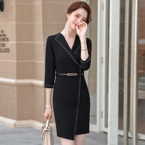 Novelty Black Ladies Office Slim Hips Dresses Long Sleeve OL Styles Ladies Office Work Wear Dress Beauty Salon Vestido with Belt