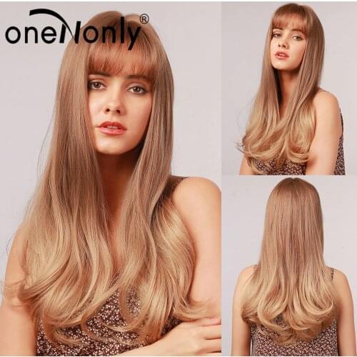 OneNonly Long Ombre Brown Blonde Natural Wave Synthetic Wigs with Bangs Cosplay Wig for Women Party Daily Natural Heat Resistant
