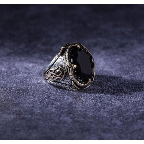 Onyx 925 Sterling Silver Engraved Special Craftmanship Traditional Handmade Turkish Signet Ring Jewelry Gift for Women Men
