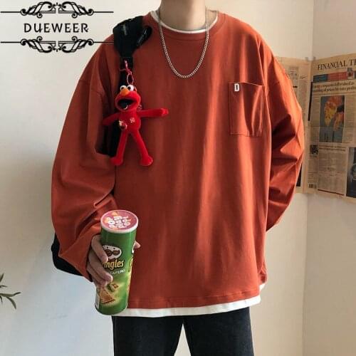 Autumn Mens New Sweater Ins Solid Color Pocket Embroidery Fake Two Pieces Long-Sleeved T-Shirt Students Loose