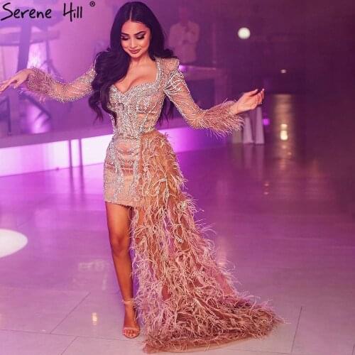 Peach Short Mermaid With Train Cocktail Dresses 2021 Beading Feathers Elegant Designer For Women Party BLA71113 Serene Hill